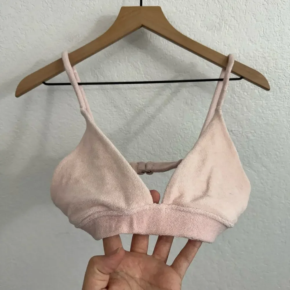 Frankie's Bikinis Claire Unpadded Triangle Terry Bikini Top Baby Pink Large